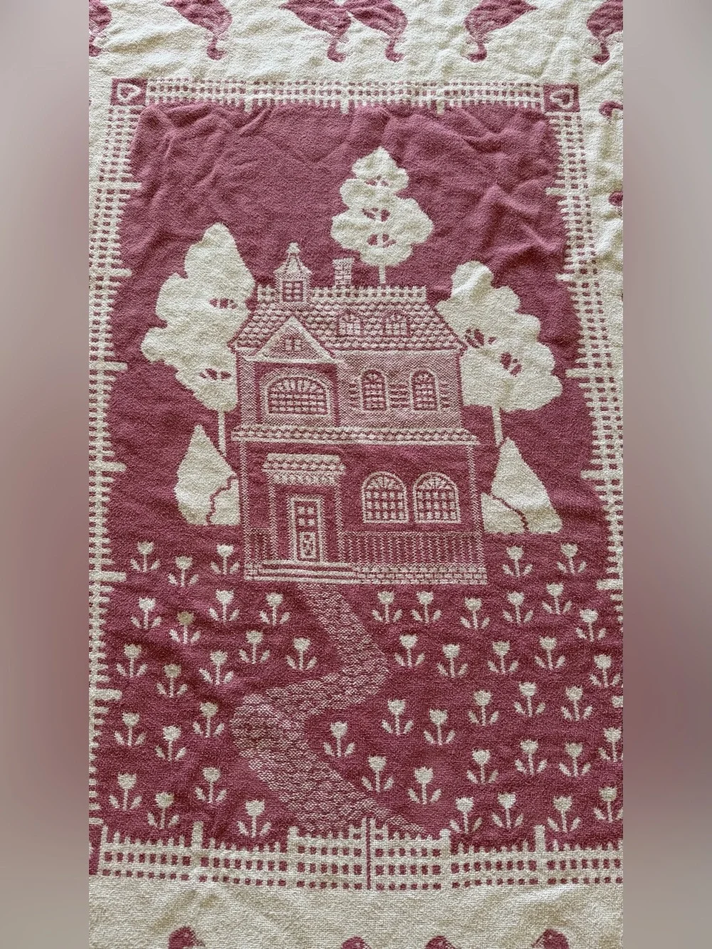Pink and Cream Cottagecore Country Farmhouse Geese Cotton Woven Throw Blanket